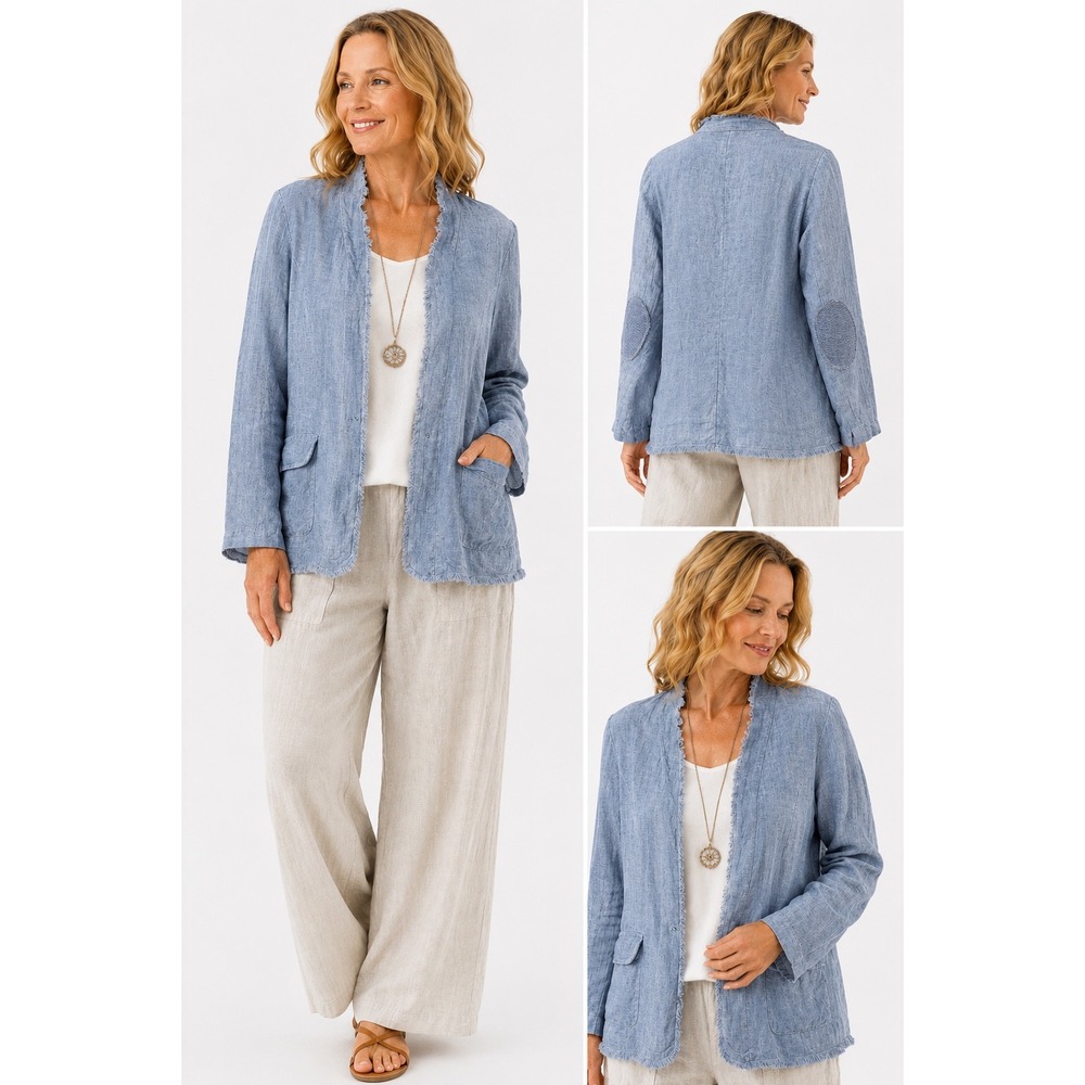 NT by Amati  Linen Blazer L Open Front Fringe Trim Elbow Patches Beachy Italy
